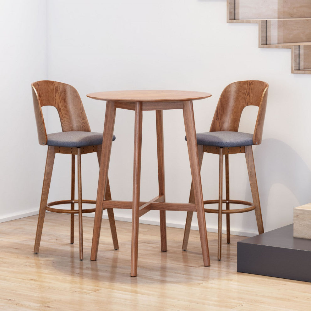 Bar Stool Chair Barstool, Set of 2, Fabric, Wood, Walnut, Gray, Cafe
