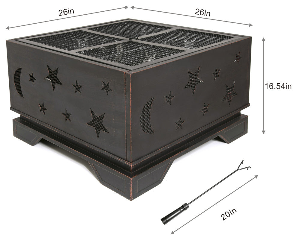 Gewnee 26 Inch Square Fire Pit with BBQ Grill