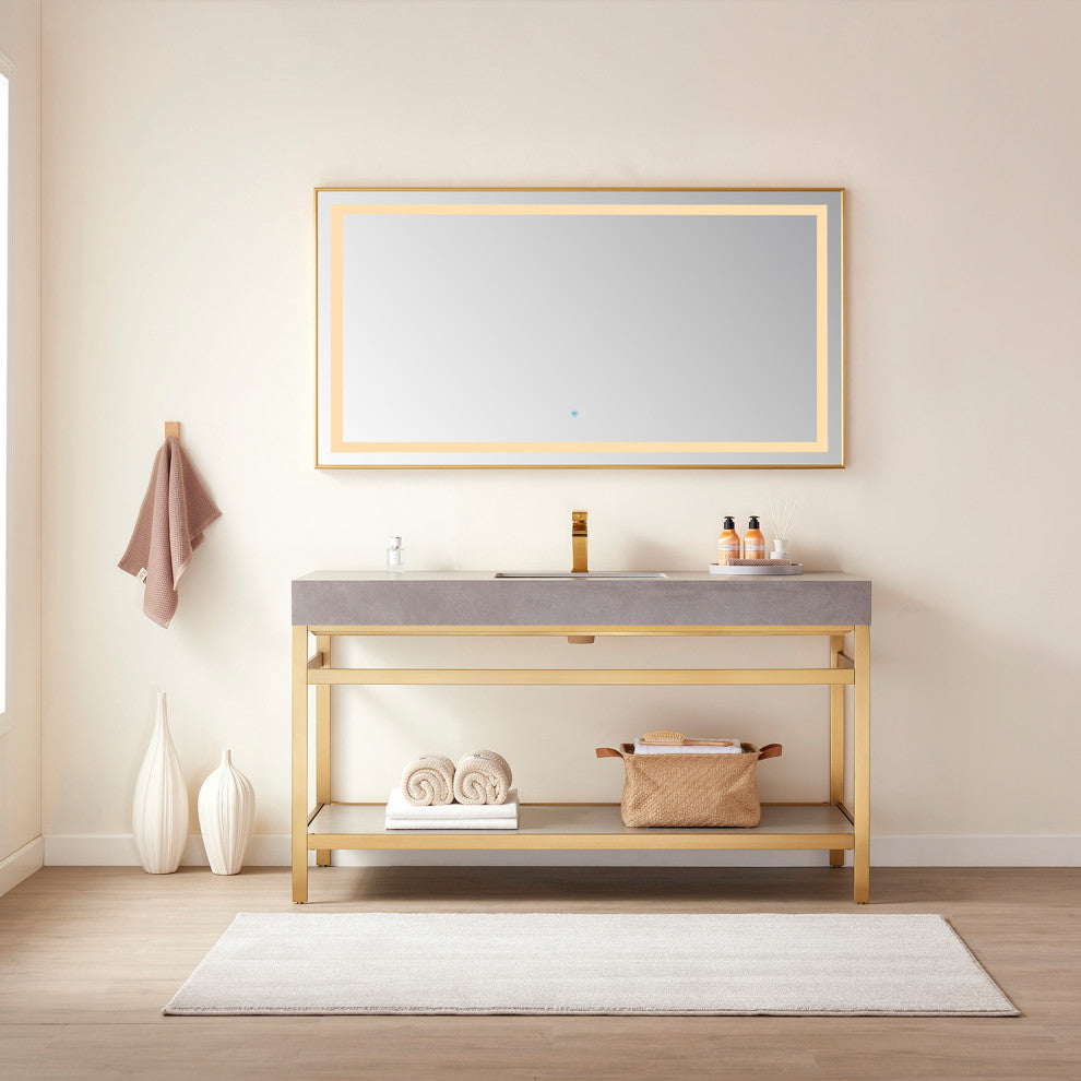 Horizontal Rectangular LED Wall Mount Bathroom Mirror, Gold, 60"