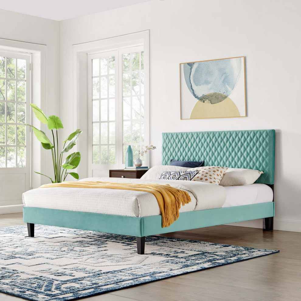 Platform Bed Frame, King Size, Blue, Velvet, Modern, Bedroom Master Guest Suite