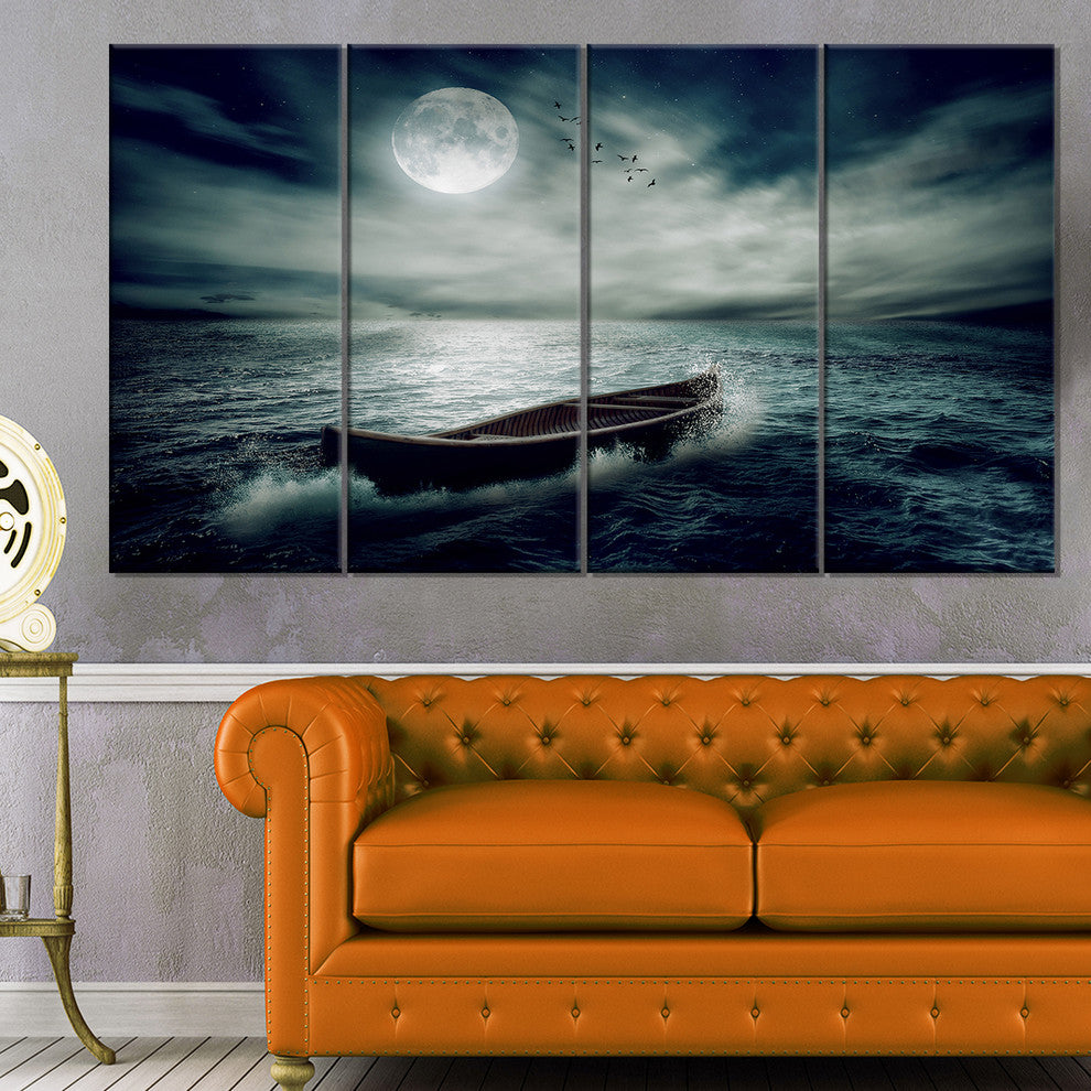 Boat Drifting Away After Storm, Seashore Canvas Print, 48"x28", 4 Panels