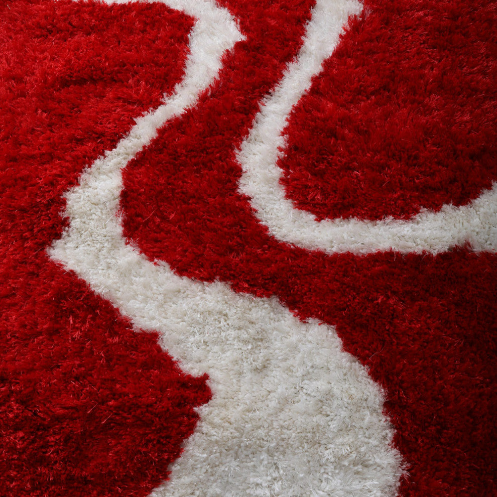 Hand Tufted Shag Polyester Area Rug Contemporary Red White, [Square] 10'x10'