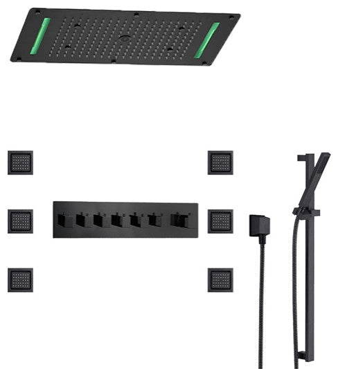 LED 6 Way Thermostatic Shower System With Body Massage Jets and Handheld Shower