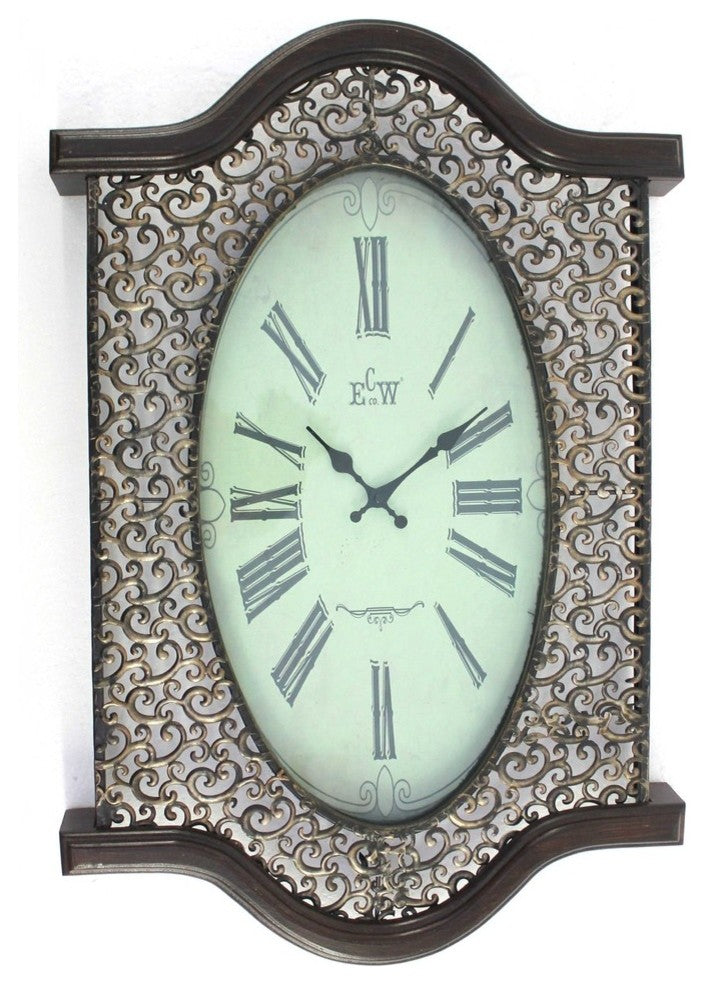 20" Oval Antiqued Bronze Wood and Glass Analog Wall Clock
