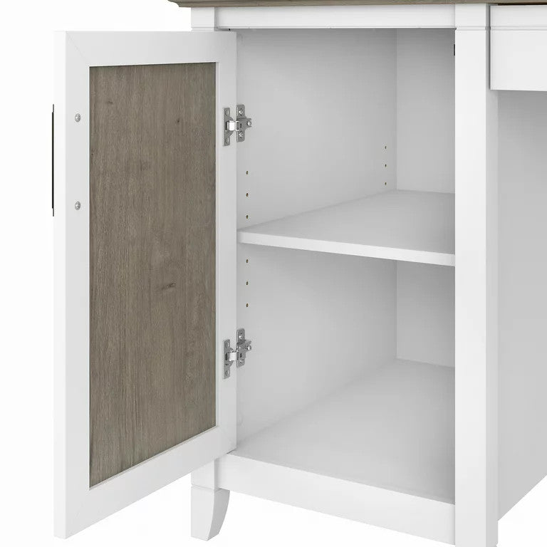 Farmhouse Desk, Large Drawer & X-Shaped Accented Door, Shiplap Gray/Pure White