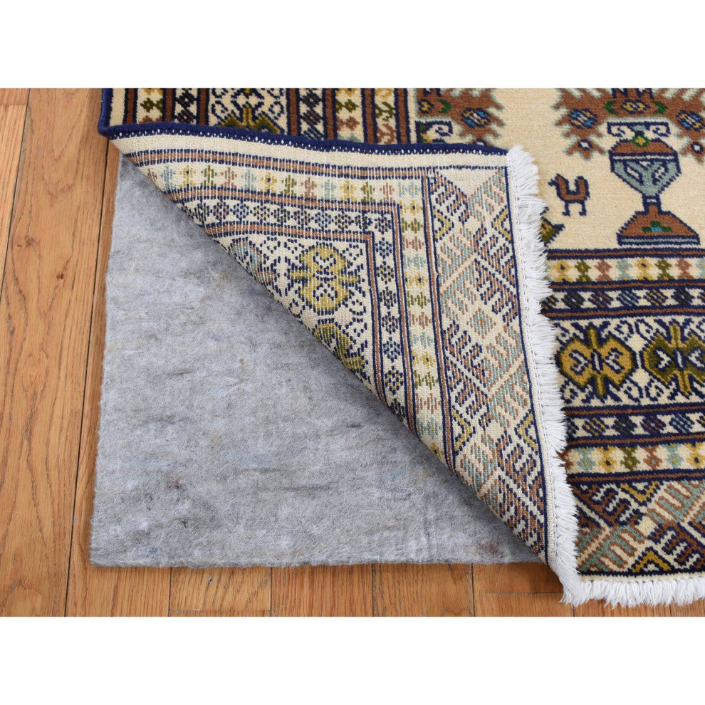 Cream Color Hand Knotted Pure Wool Turkoman Bokara Rug 4'3" x 5'7"