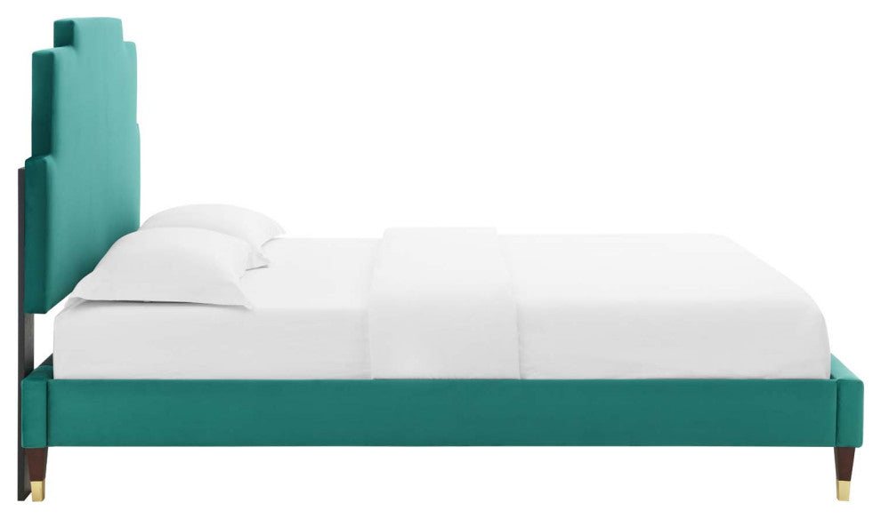 Platform Bed Frame, Full Size, Velvet, Teal Blue, Modern Contemporary, Bedroom