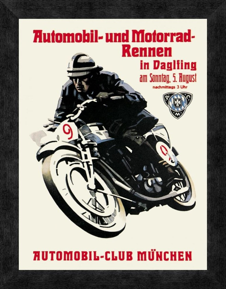 "Automobile and Motorcycle Race - Munich" Framed Canvas Giclee, 14"x18"