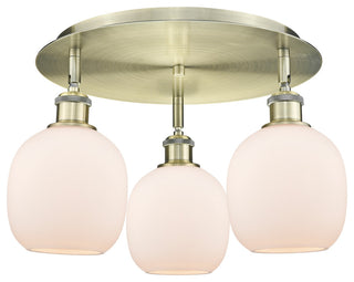 Belfast-3 Light 18" Flush Mount-Antique Brass, Matte White Glass Shade