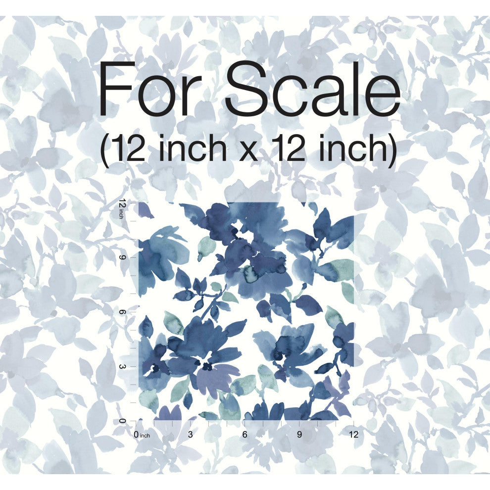 Watercolor Floral Peel and Stick Wallpaper, Blue and White