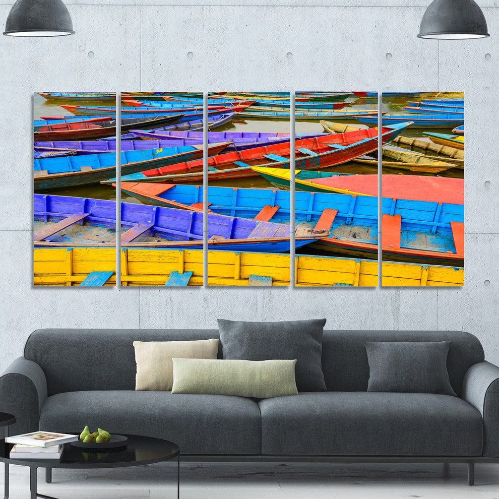 Old Colorful Sailboats in Lake, Boat Canvas Art Print, 60"x28", 5 Panels