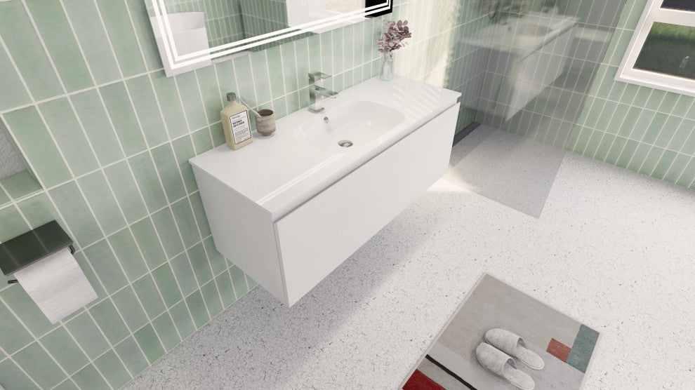 AIPO Wall-Mount Vanity Set With LED Mirror, Faucet, Drain, Matte White, 48" Sing
