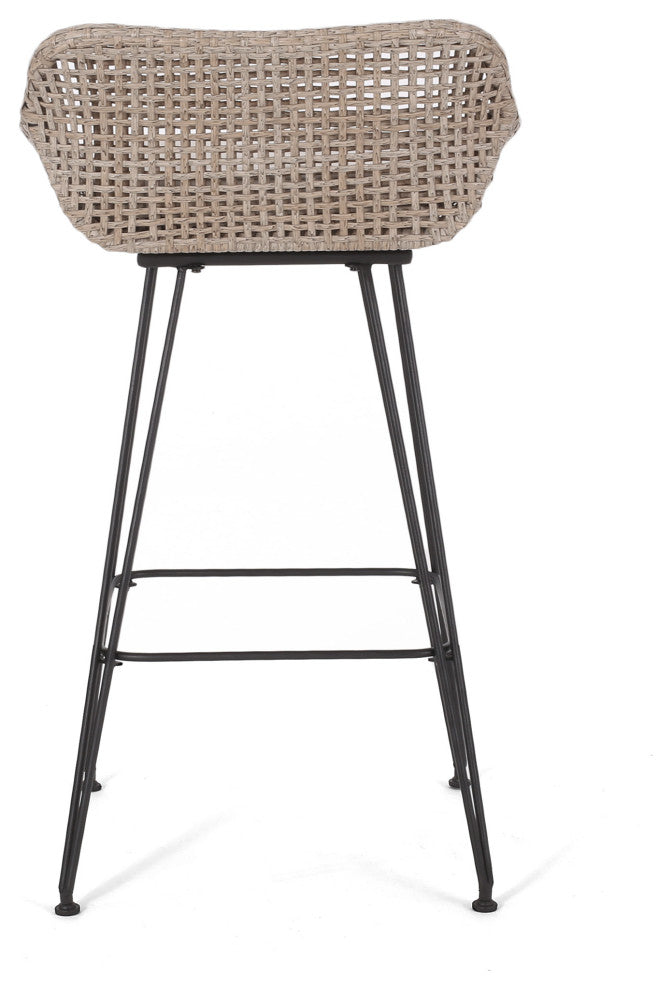 Pondway Outdoor Wicker/Iron Barstools, Set of 2, Beige/Mix Light Brown/Black