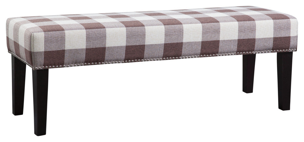MIley Bench with Silver Nail Trim, Brown/Linen Buffalo Check/Dark Espresso Legs