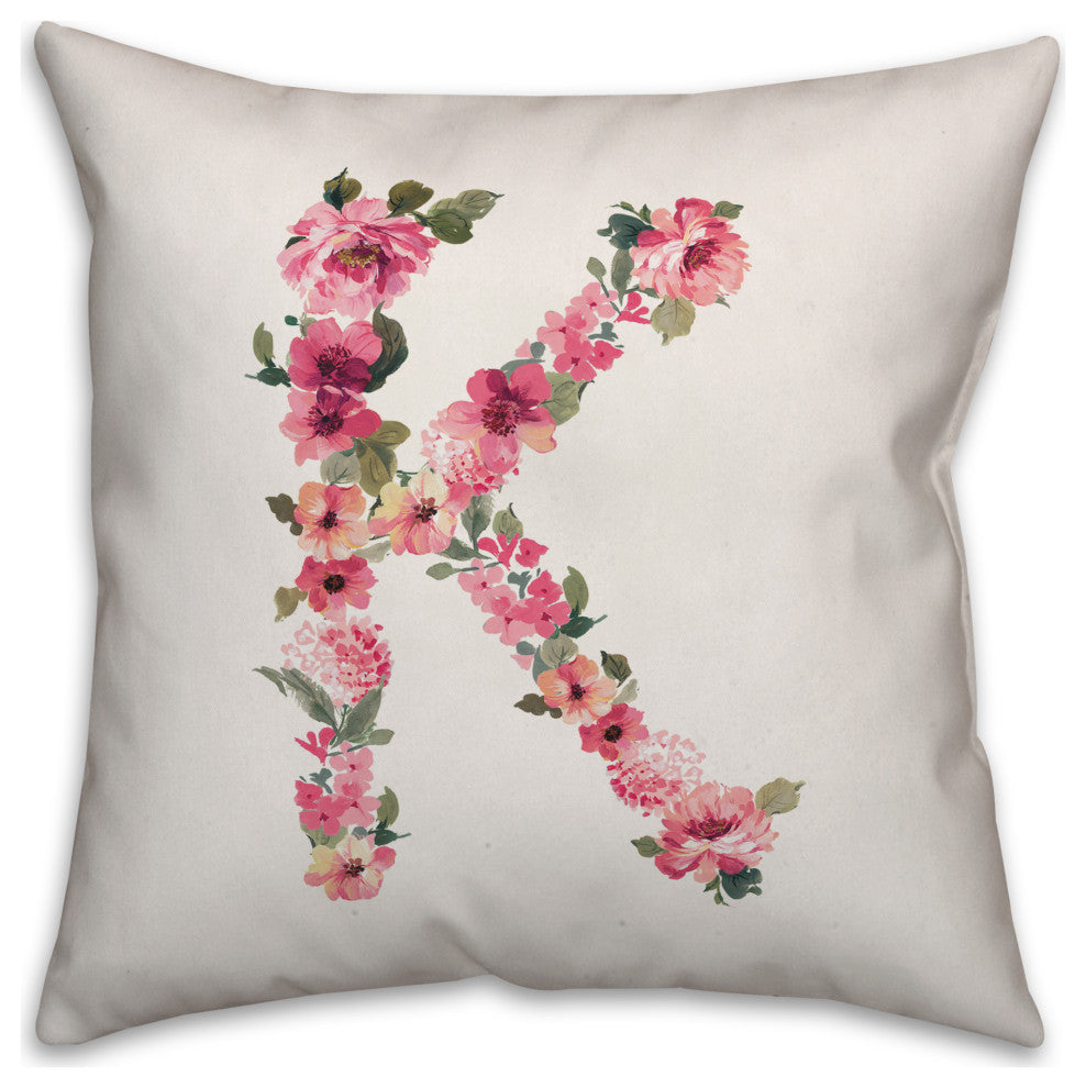 Floral Pattern Monogram K 18x18 Indoor/Outdoor Pillow
