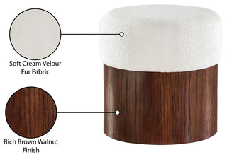 Nimes Upholstered Ottoman, Cream, Velour Fur, Walnut Finish
