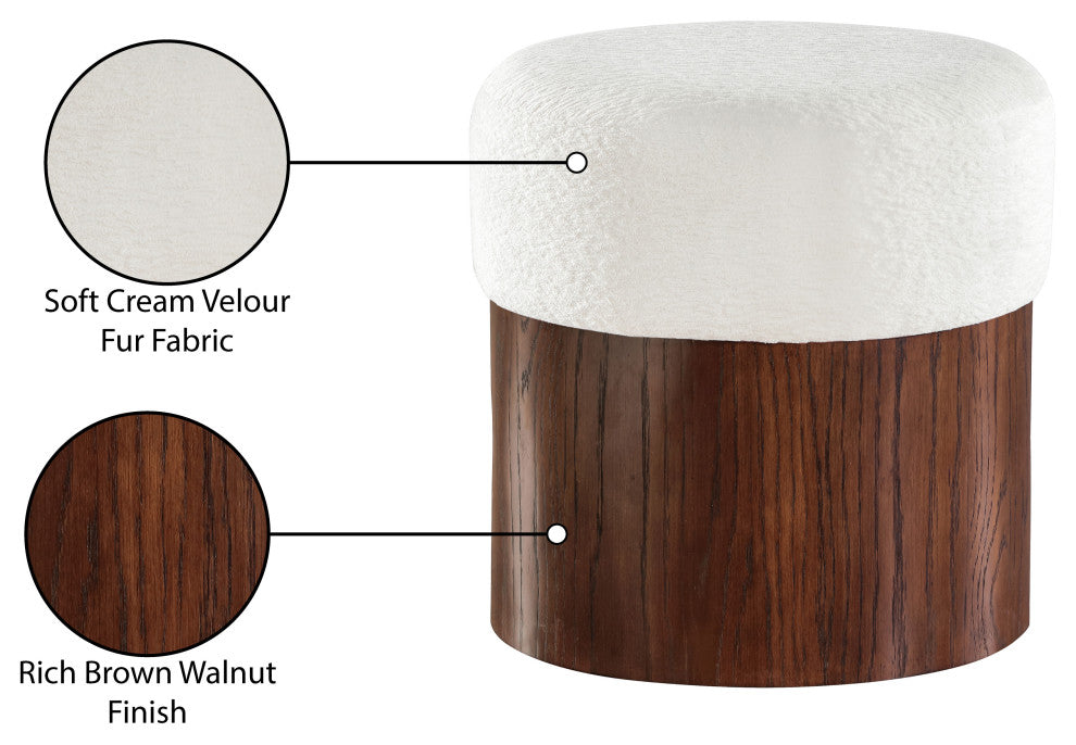 Nimes Upholstered Ottoman, Cream, Velour Fur, Walnut Finish