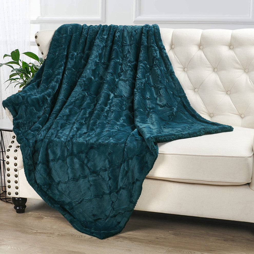 Ashley Brushed Faux Fur & Matching Sherpa Borrego Backing Throw, Dark Teal, 50" X 60"