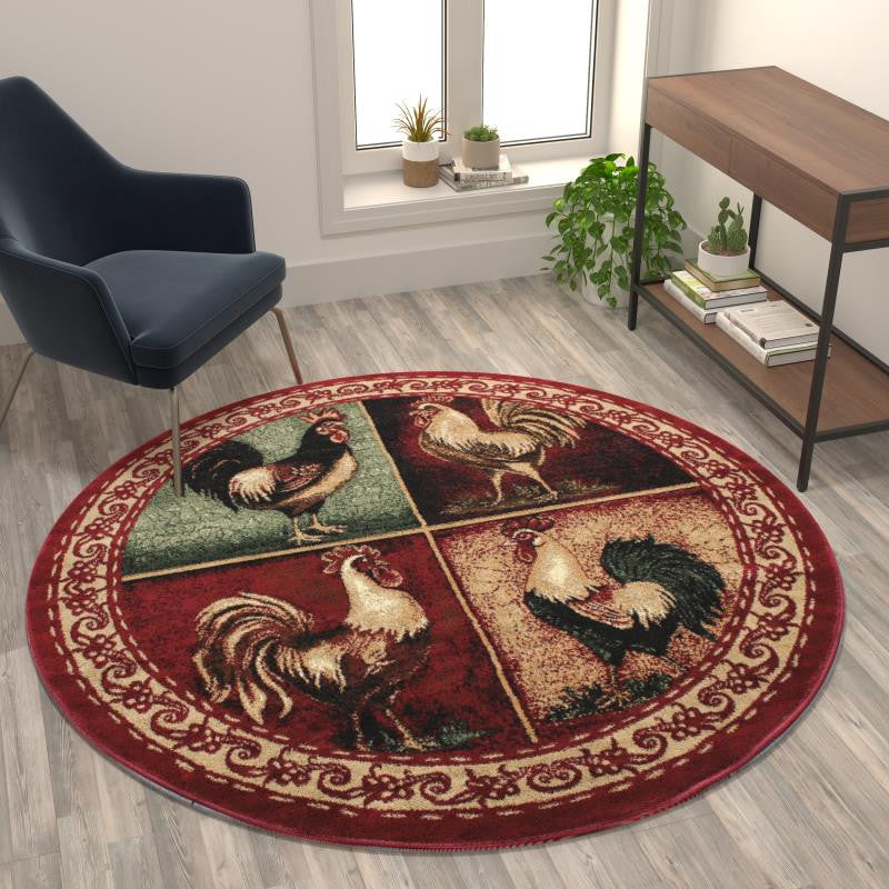 Gallus Collection Rooster Themed Olefin Area Rug, Red, 6' X 6'