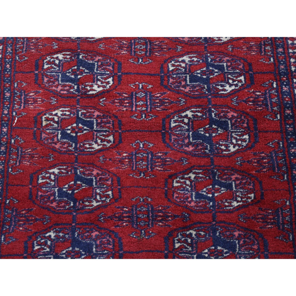 Red Old Turkeman Bokara Elephant Feet Medallions Hand Knotted Wool Rug 3'1"x5'4"