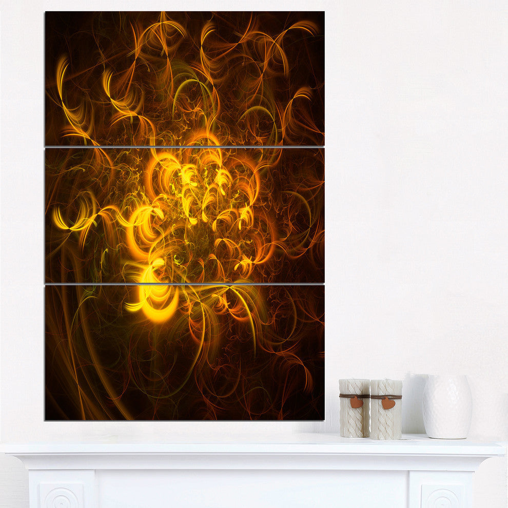 "Golden Fractal Flower in Dark" Metal Wall Art, 3 Panels, 28"x36"