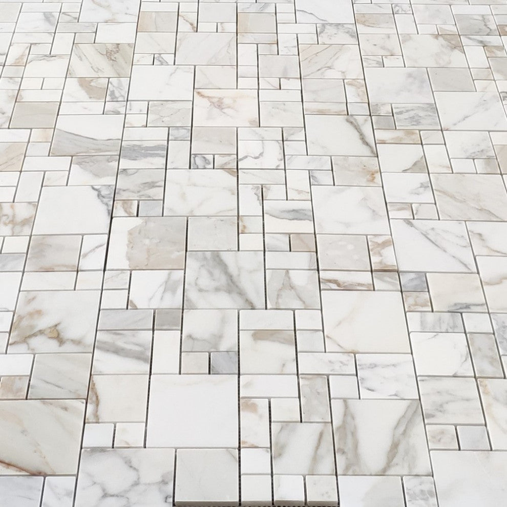 Calacatta Gold Marble Mini Versailles French Paragon Mosaic Tile Honed, 1 sheet