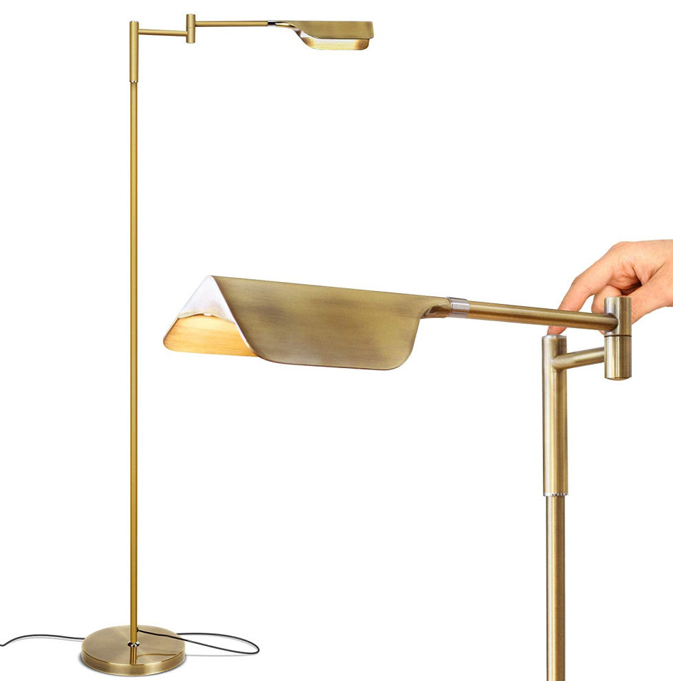 Brightech Leaf - Adjustable Pharmacy LED Floor Lamp for Reading & Crafts, Antique Brass