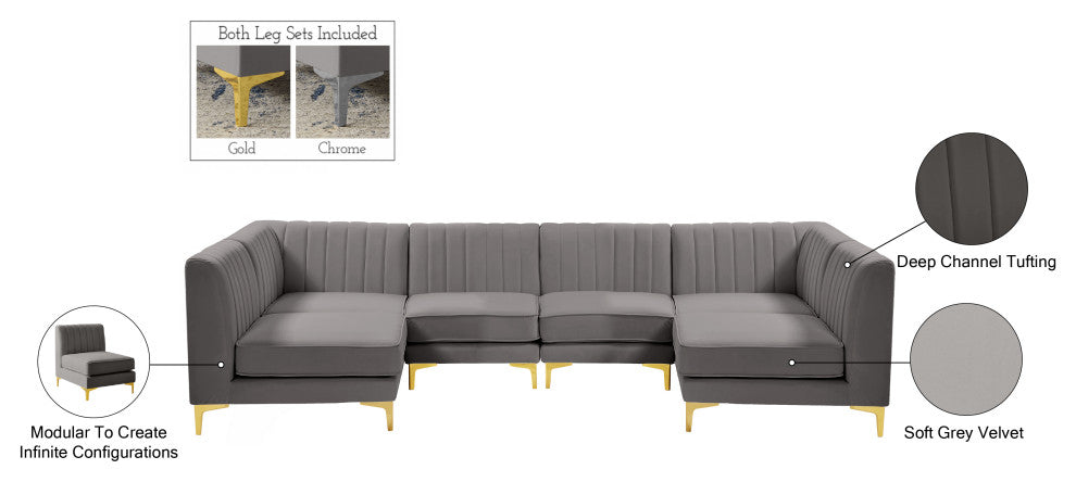 Alina Velvet Modular U-Shaped Sectional, Grey, 6-Piece: 4 Armless Chair, 2 Corner Chair