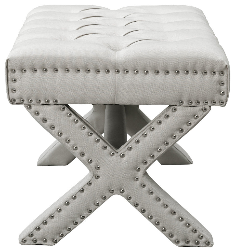 Paola Linen Button Tufted Silver Nailhead Trim X-Leg Ottoman, Cream White