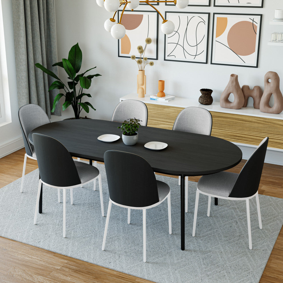 LeisureMod Tule 7-Piece Dining Set in White Steel Frame, Black/Platinum Blue