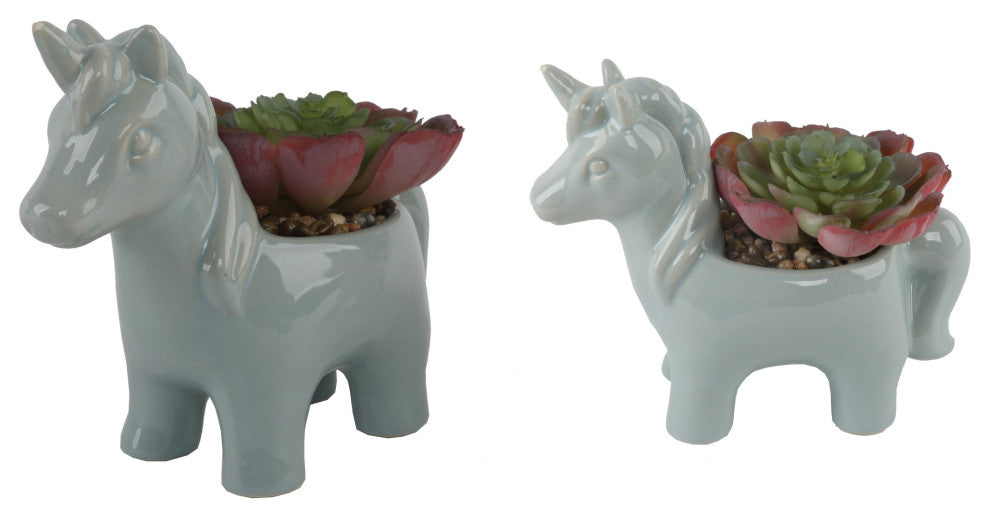 Set Of 2 Teal Ceramic Unicorn Succ