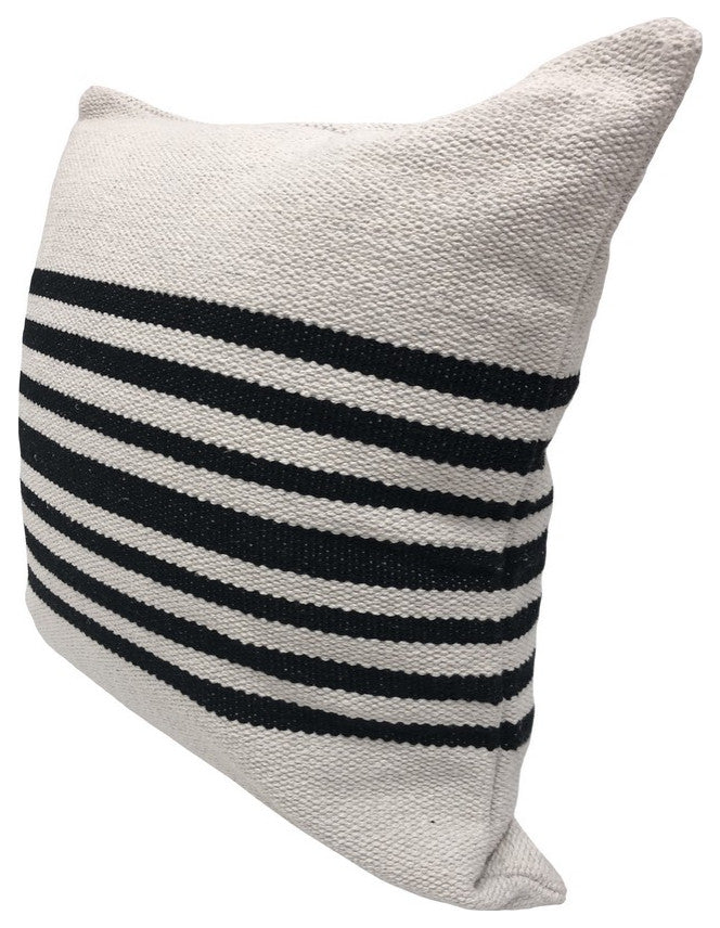 Ox Bay Handwoven White/Black Stripe Organic Cotton Pillow Cover, 22"x22"