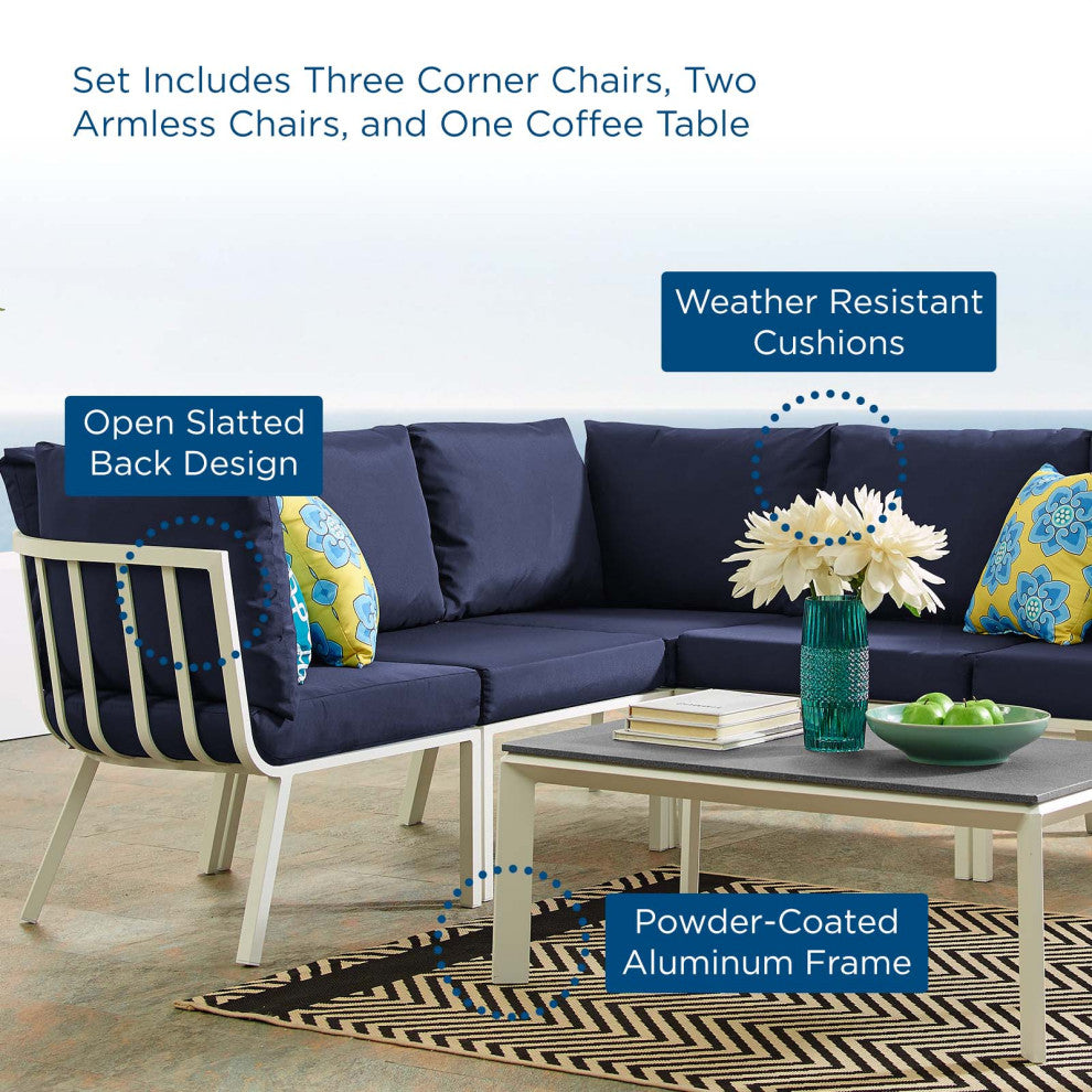 Lounge Sectional Sofa Chair Set, Aluminum, Metal, White Blue Navy, Outdoor