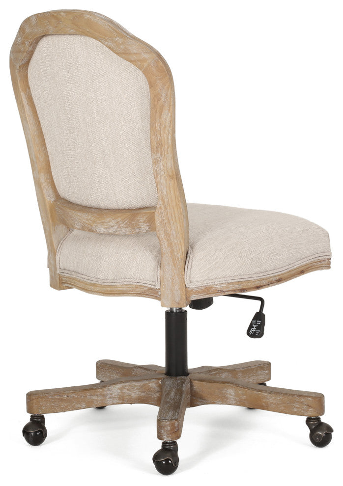 Oakes Upholstered Swivel Office Chair, Beige + Natural, 100% Polyester + Rubber Wood + Iron