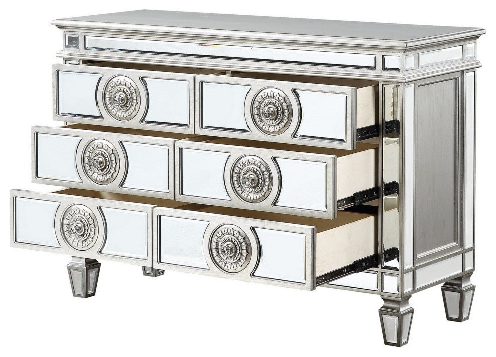 Server with 6 Mirrored Drawers and Medallion Front, Silver