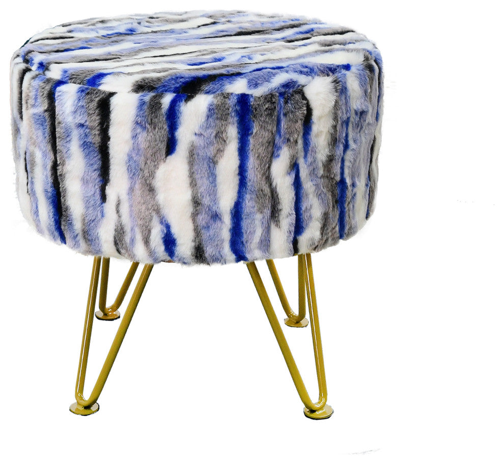 Multi Jacquard Faux Fur Round Ottoman, Blue, 18"x18"x8"