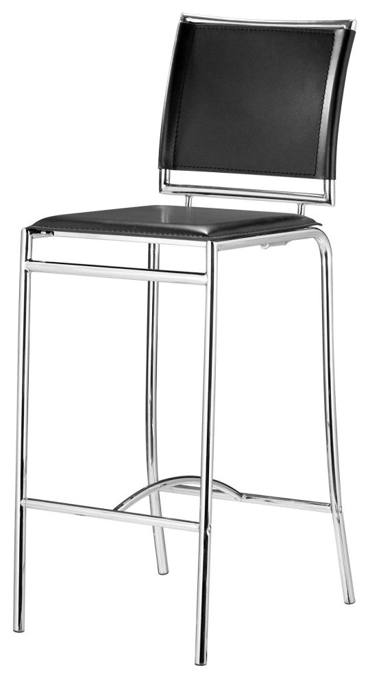 Bar Stool Chair Barstool, Set of 2, Faux Vinyl Leather, Steel, Black, Chrome