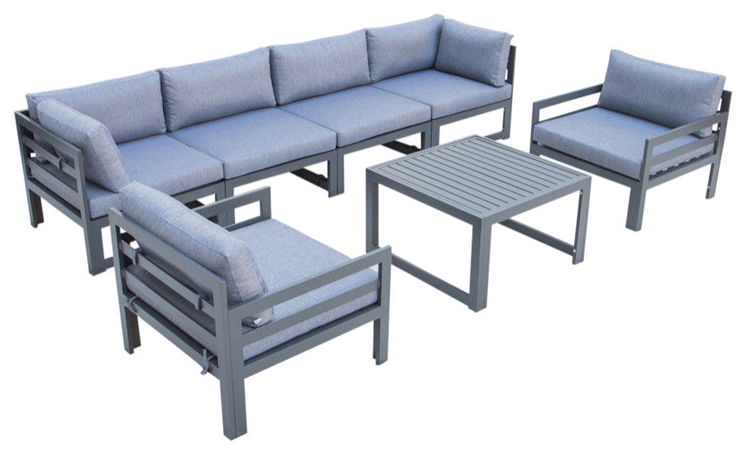 LeisureMod Chelsea 7-Piece Patio Sectional With Coffee Table, Blue