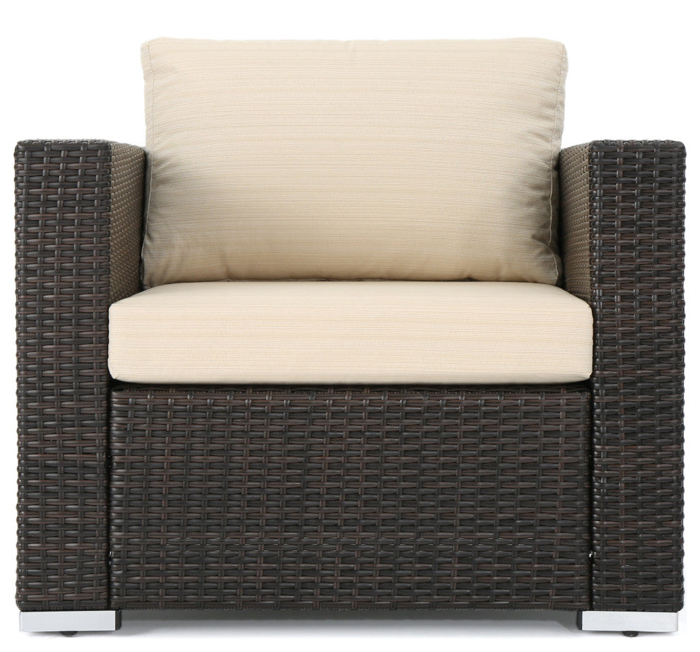 GDF Studio Samuel Outdoor 7 Seater Wicker Sofa Chat Set With Cushions, Multibrown/Beige Cushions
