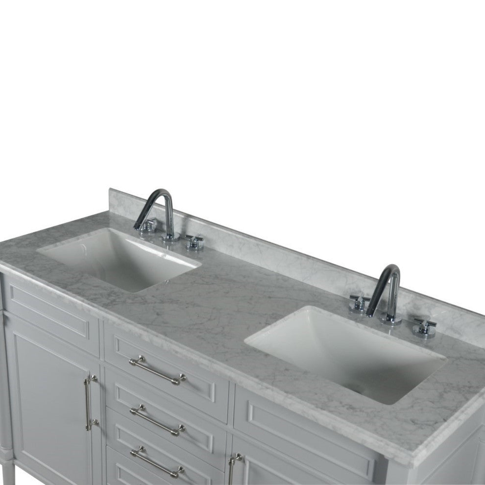 60" Double Vanity, Light Gray With White Carrara Marble Top
