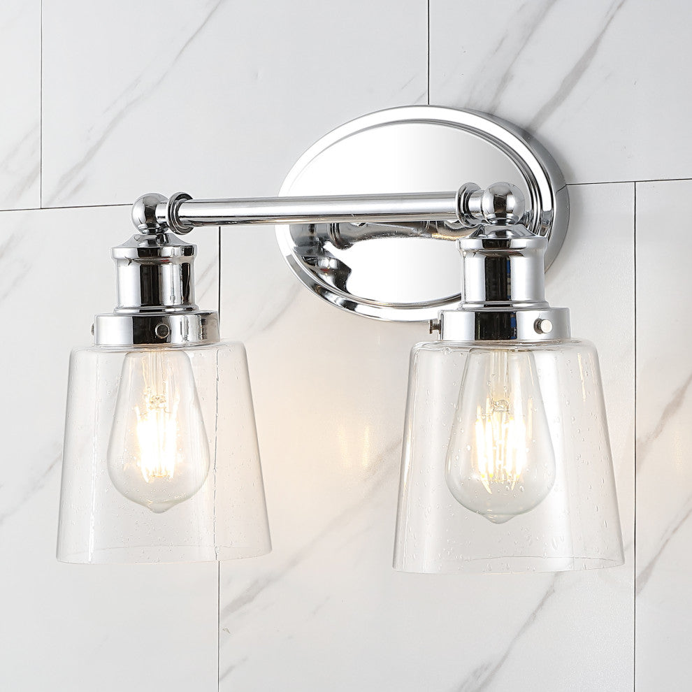 Beverly 15" 2-Light Iron/Seeded Glass Classic Cottage LED Vanity Light, Chrome