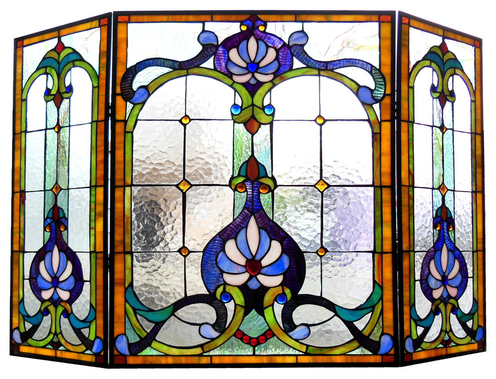 Chloe-Lighting Tiffany-Glass 3-Piece Folding Victorian Fireplace Screen