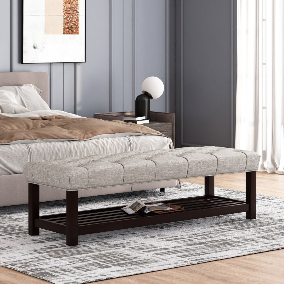 Pelon Contemporary Button Tufted Bench With Shelf, Beige/Dark Walnut