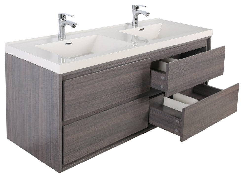 MOM 48" Wall Mounted Vanity With 4 Drawers and Acrylic Double Sink, Gray Oak