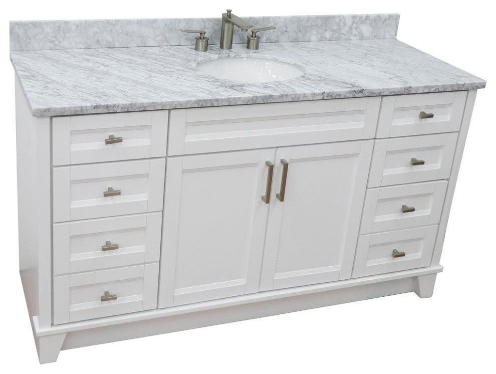 61" Single Sink Vanity, White Finish And White Carrara Marble And Oval Sink