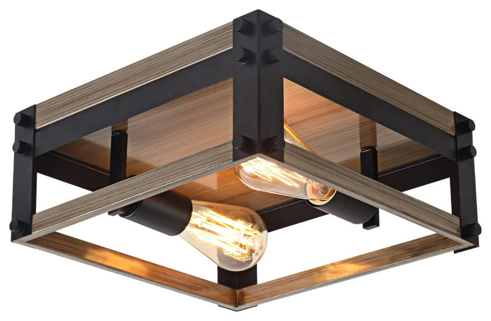 2 Light Flush Mount Ceiling Light Fixture Farmhouse Rust Black and Wood Ceiling