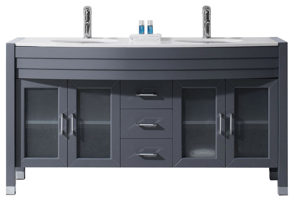 Ava 63" Double Round Sink Grey Top Vanity in Grey with Brushed Nickel Faucet