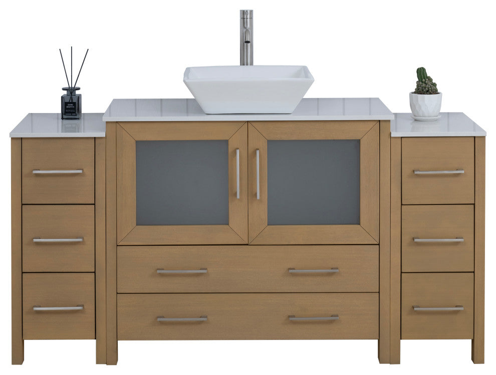 Vanity Art Vanity Set With Vessel Sink, Natural Oak, 60", Standard Mirror