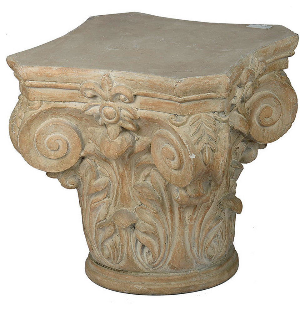 Benzara BM285209 18" Column Pedestal, Classic Carved Scrollwork, Antique White