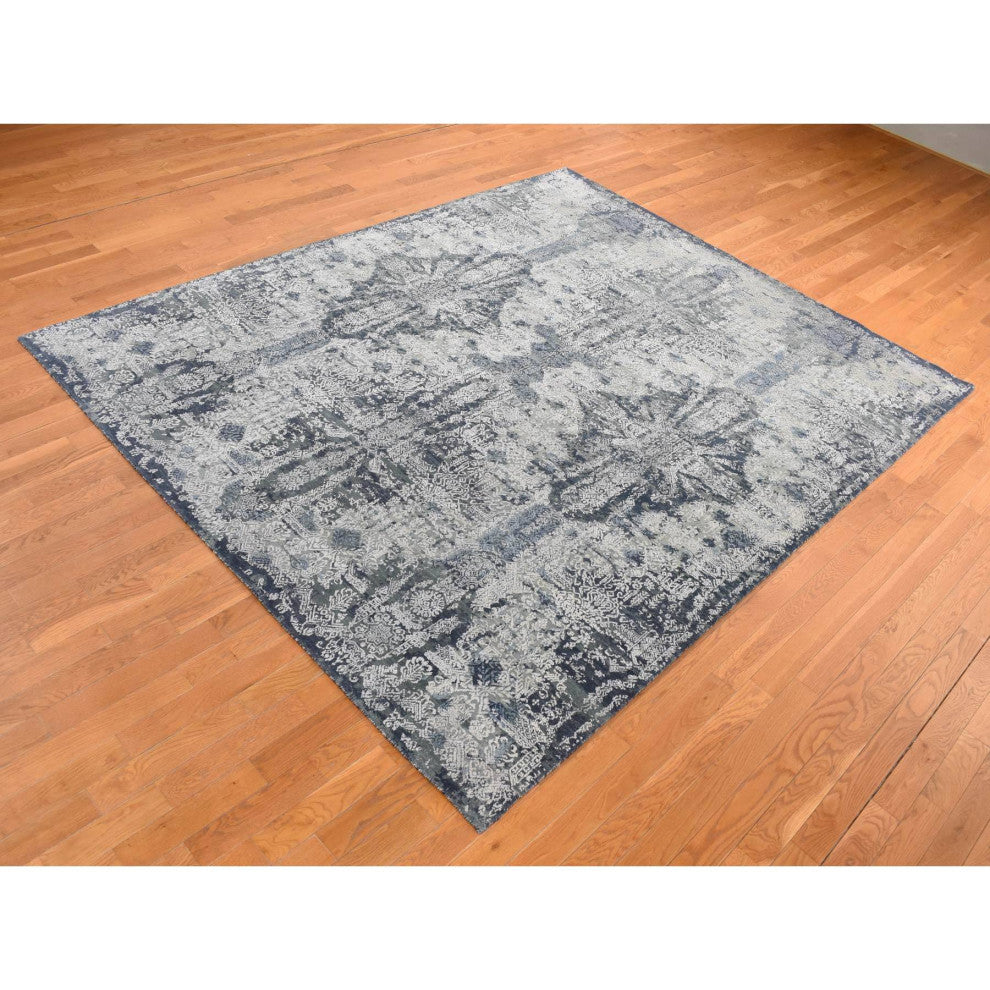 Ash Gray Jewellery Design Half Wool and Half Silk Hand Knotted Rug 7'10"x10'